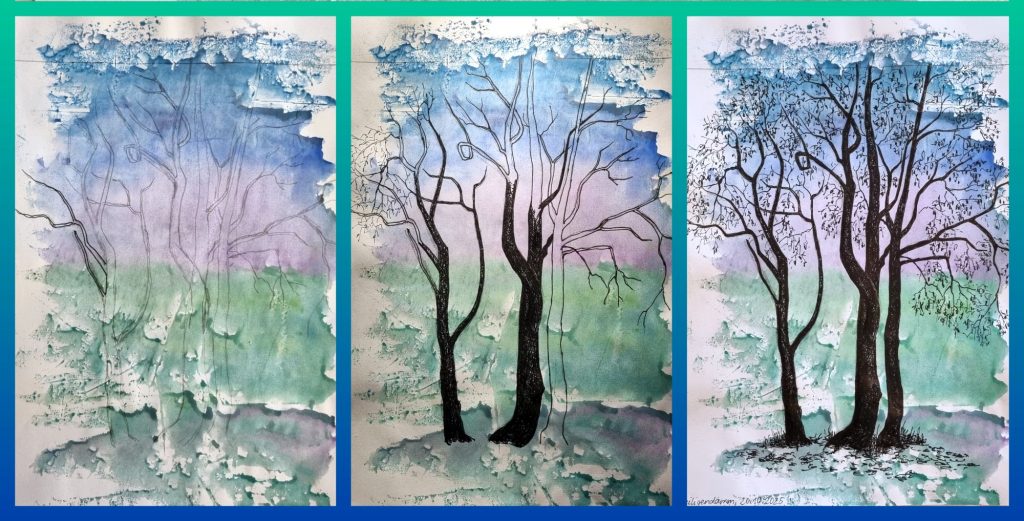 Das Bild besteht aus 3 Teilen. Es zeigt nebeneinander 3 Phasen einer zeichnerischen Gestaltung auf selbst gedrucktem Papier. Das Papier wirkt wie aquarelliert in 4 Farbstufen: unten grün-violett-braun gemischt; darüber Grüntöne; darüber ein violetter Bereich und ganz oben Blautöne. Ganz links ist die Bleistiftzeichnung eines Baumes zu sehen.. In der Mitte ist das gleiche Bild zu sehen. Die Bleistiftzeichnung ist allerdings schwarz nachgezeichnet und teilweise ausgemalt worden. Rechts ist das Bild in fertigem Zustand zu sehen. Die Baumstämme und Äste sind nun eng schwarz schraffiert worden und an den Ästen befinden sich fein gezeichnete Zweige und mit lockeren Stricheln angedeutetes Laub.