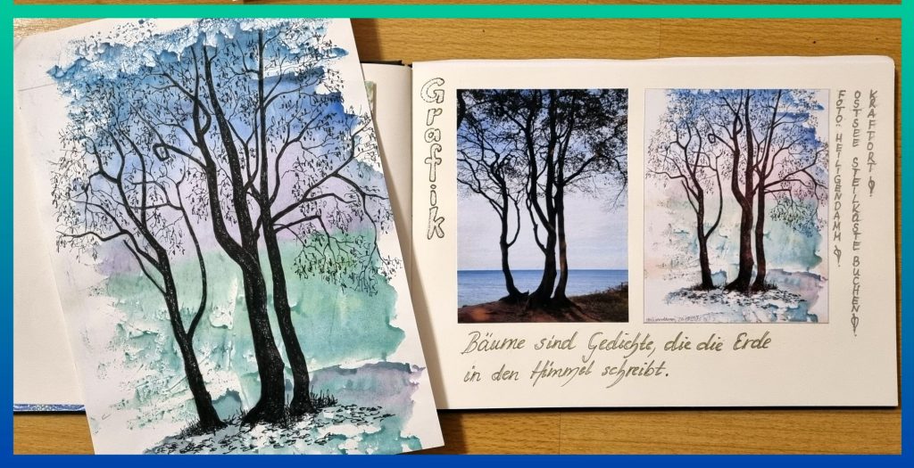 Das Bild zeigt ein querformatiges Skizzenbuch. Auf der linken Seite liegt ein A4-Blatt. Es zeigt eine Baumgruppe aus 3 Bäumen mit wenig Laub. Die Bäume wurden mit schwarzem Stift auf einen farbigen Hintergrund gezeichnet.  Der Hintergrund wurde von oben nach unten violett, blau, grün wässrig verschwimmend von einer Folie abgedruckt.

Die rechte Seite des Skizzenbuches zeigt eine verkleinerte Kopie der A4-Arbeit und ein Foto, das die Baugruppe zeigt, die die Vorlage für die Zeichnung war.

Am linken Rand steht, von oben nach unten zu lesen: "Grafik". Unter den Bildern steht: "Bäume sind Gefühle, die die Erde in den Himmel schreibt." 
Am rechten Rand steht,  in drei Linien von oben nach unten lesbar: "Foto: Ostsee Heiligendamm Steilküste Kraftort"