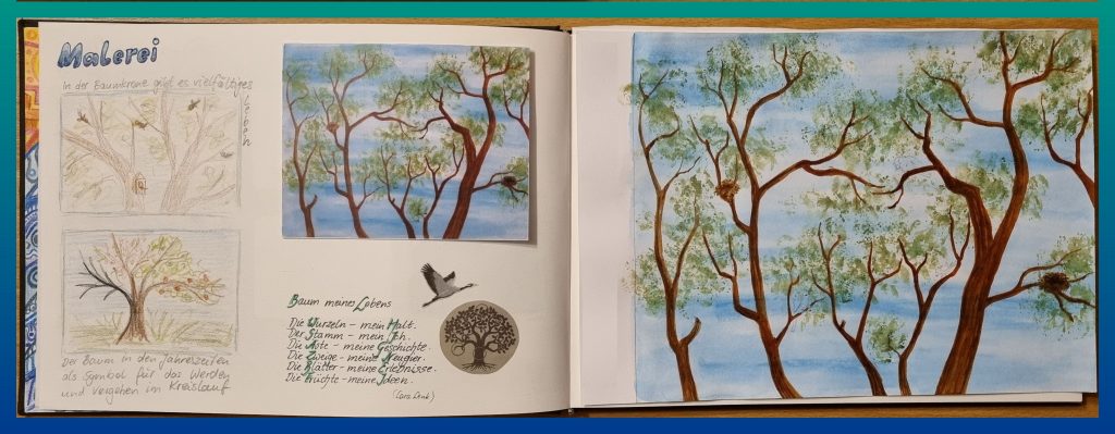 Foto eines Skizzenbuches und eines gemalten Bildes, das einen Blick in das Geäst eines Baumes zeigt.. Die Skizzenbuchseite zeigt zwei kleine Zeichnungen eines Baumes und eines blühenden Astes als Entwürfe für ein gemaltes Bild.. Daneben ist die eingeklebte verkleinerte Kopie des gemalten Bildes zu sehen, das rechts auf dem Skizzenbuch liegt. Unter der kleinen Kopie steht ein kurzes Gedicht über einen Baum.