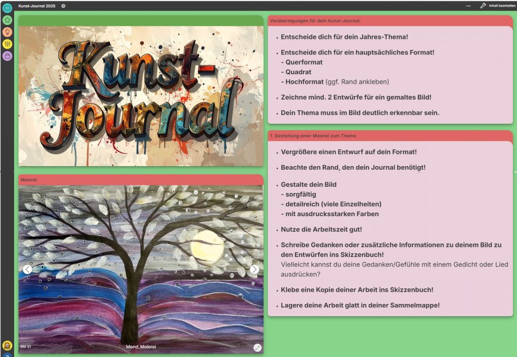 Das Tafelbild besteht aus zwei Textfeldern mit dem Auftrag und den Bewertungskriterien für die zu malende Bildgestaltung. Links der Textfelderist eineGrafik mit dem Schriftzug "Kunst-Journal" und darunter eine querformatige Abbildung eines gemalten Baumes.