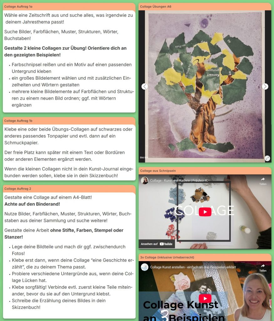 Das Bild zeigt ein Screenshot des digitalen Tafelbiles mit Aufgabenstellungen, Hinweisen, Bildbeispielen und Video-Links.